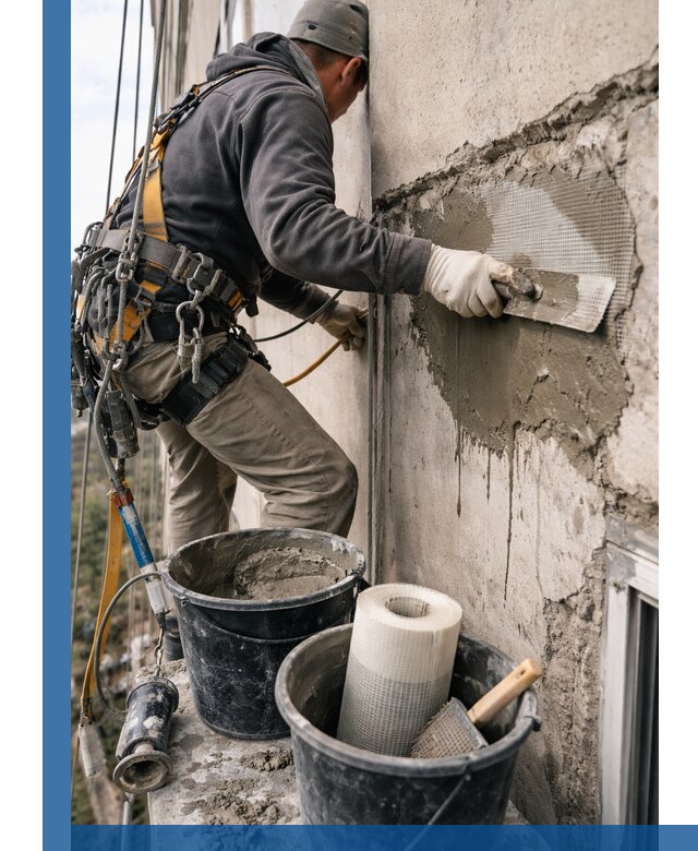 Ремонт бетонных элементов фасада промышленными альпинистами в Лыткарине