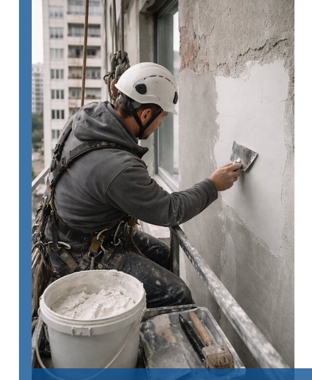 Шпаклевка фасадов на высоте с промальпинистами в Лыткарине