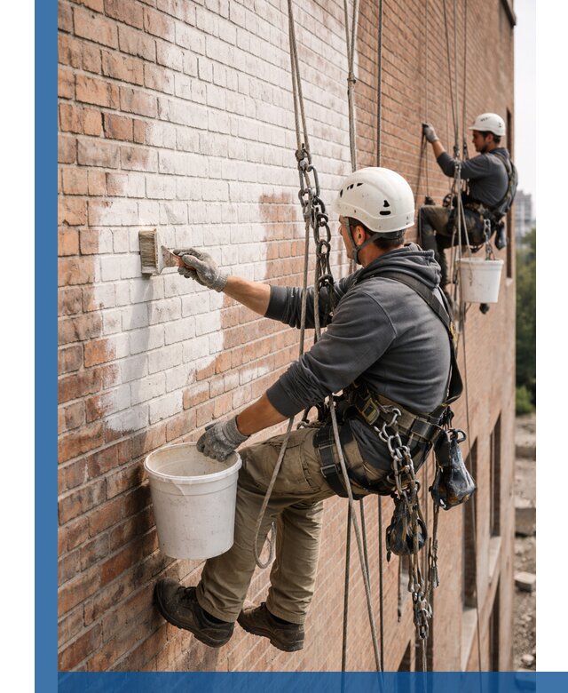 Покраска кирпичного фасада с доступным альпинистским сервисом в Лыткарине
