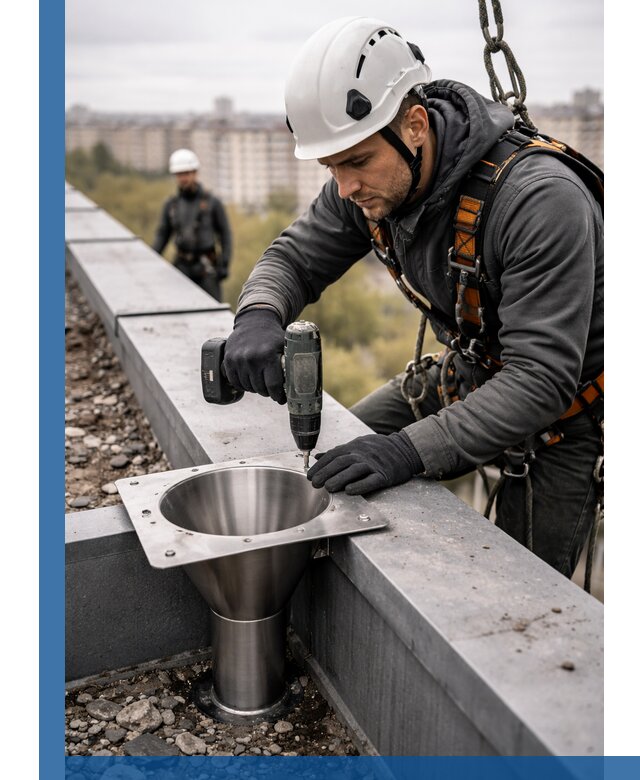 Монтаж водосточных воронок в Лыткарине для промышленных зданий