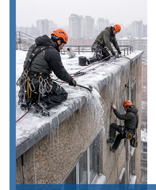 Удаление наледи с кровли в Лыткарине промышленными альпинистами