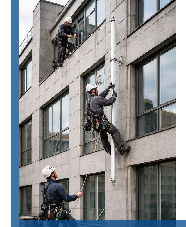 Монтаж флагштока на фасаде здания с креплением и герметикой в Лыткарине