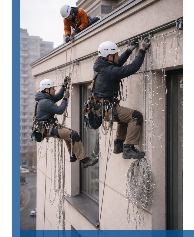 Монтаж праздничных гирлянд на фасаде в Лыткарине для зданий