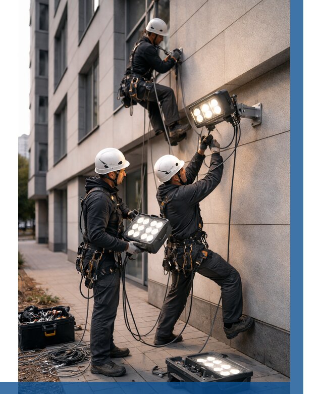 Монтаж прожекторов на фасаде в Лыткарине от 7682 р. | ВЫСОТНИК-Лтк