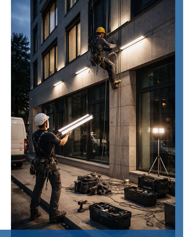 Монтаж архитектурной подсветки здания в Лыткарине от 2561 р.|ВЫСОТНИК-Лтк