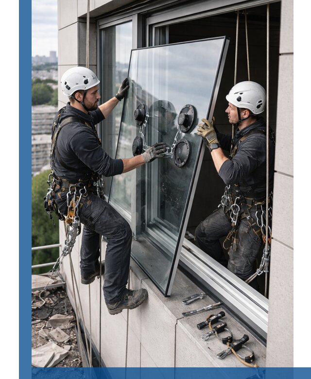 Замена стеклопакетов на высоте с промышленными альпинистами в Лыткарине