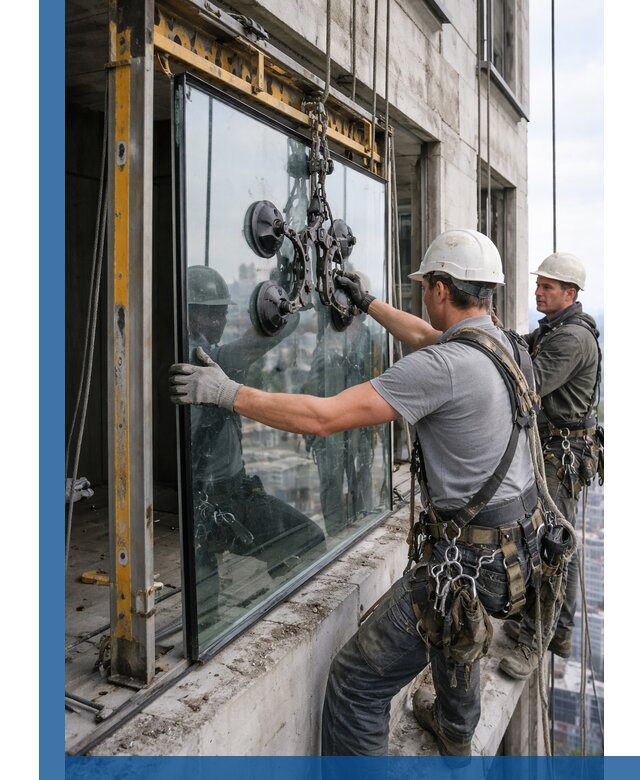 Монтаж стеклопакетов на высоте в Лыткарине с промышленным альпинизмом