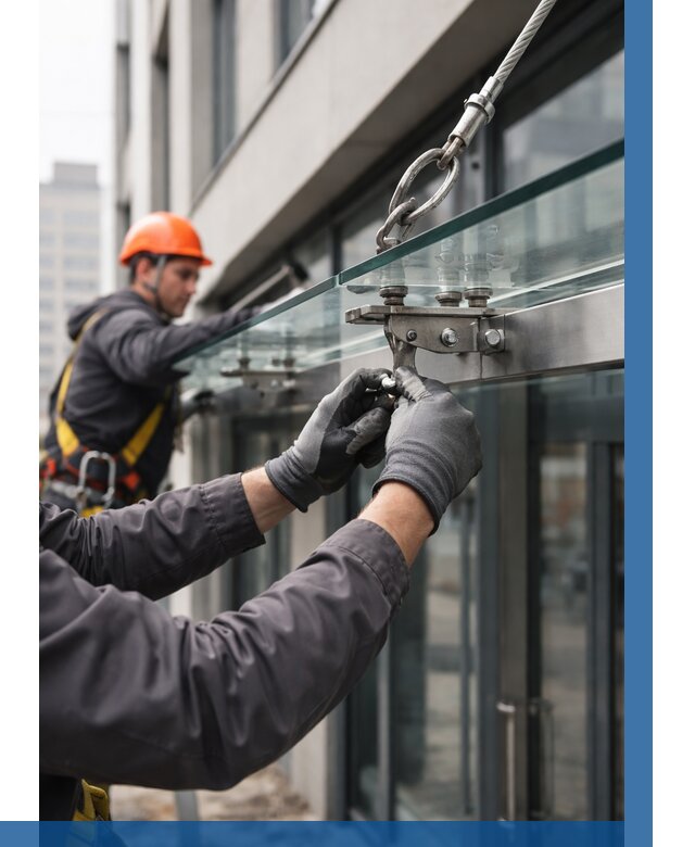 Монтаж стеклянных козырьков в Лыткарине от 8707 р. | ВЫСОТНИК-Лтк