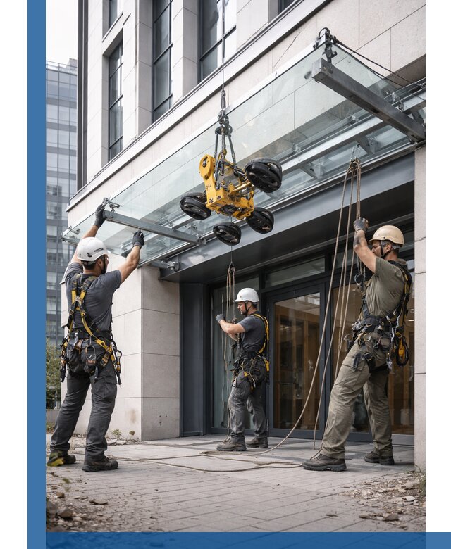 Монтаж стеклянных козырьков под ключ в Лыткарине для зданий