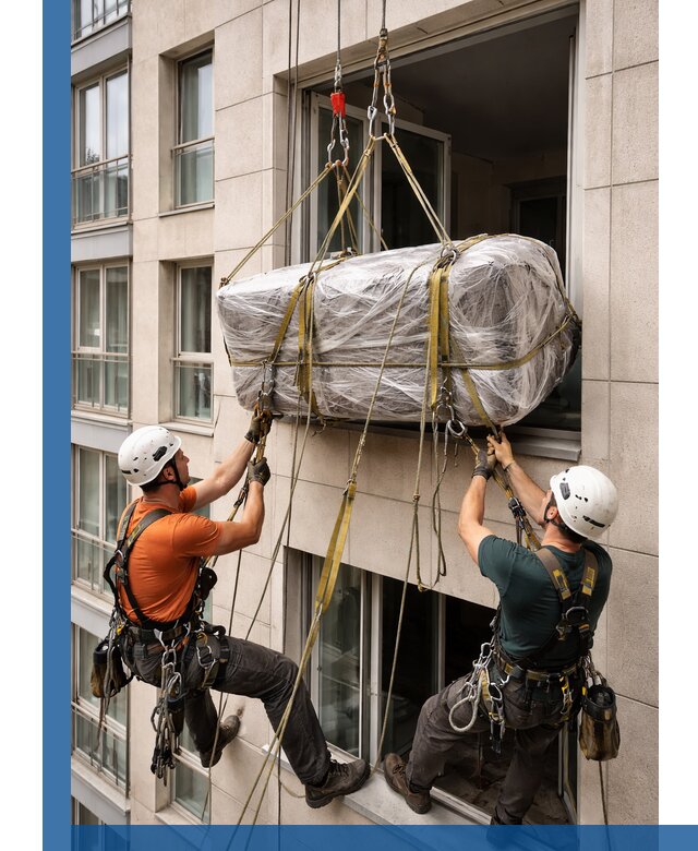 Подъем грузов через окно в Лыткарине промышленными альпинистами