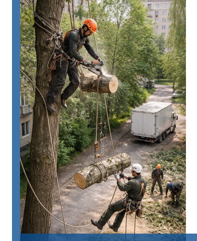 Спил деревьев альпинистами в Лыткарине, безопасно и без повреждений