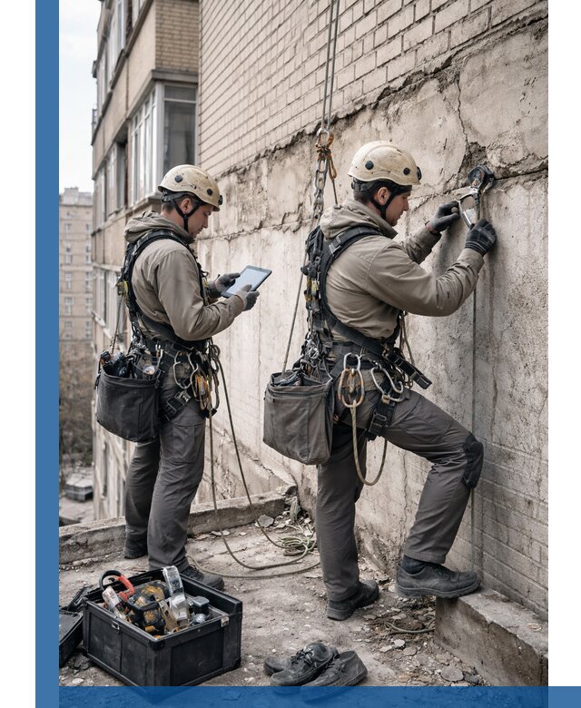 Обследование фасада промышленными альпинистами в Лыткарине